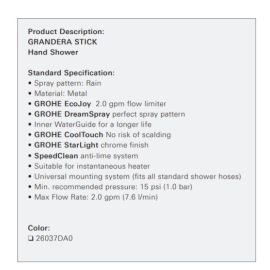 GROHE, 26037DA0, 2 GPM GRANDERA METAL STICK HANDSHOWER, WARM SUNSET