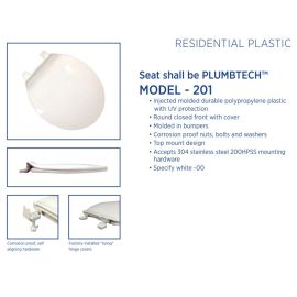 PLUMBING TECHNOLOGIES, 201-00, PLASTIC CLOSED ROUND FRONT TOILET SEAT WITH COVER ECONOMY, WHITE.
