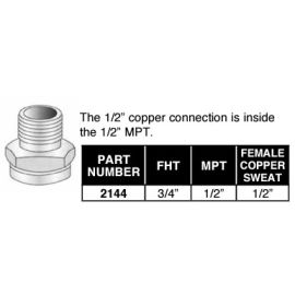PASCO, 2144, BRASS HOSE TO PIPE ADAPTER 3/4" FEMALE HOSE THREAD 1/2" MALE PIPE THREAD 1/2" FEMALE COPPER SWEAT