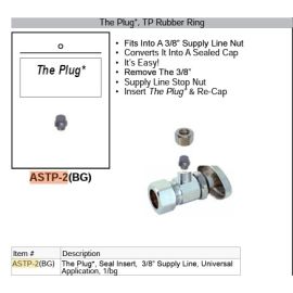 LORDHAL, ASTP-2, UNIVERSAL PLUG TP RUBBER RING FITS INTO A 3/8” SUPPLY LINE NUT