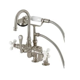 KINGSTON BRASS, CC8538PX, 1.8 GPM 3-HANDLE 2-HOLE DECK MOUNT CLAWFOOT TUN FAUCET WITH HAND SHOWER, BRUSHED NICKEL